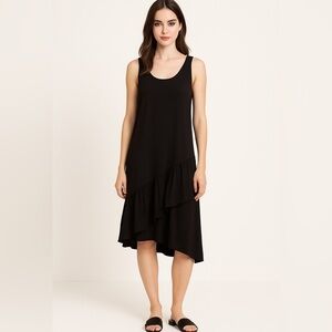 Black Shirt Ruffle Asymmetrical Drop Waist Casual Dress by Beachlunchlounge M